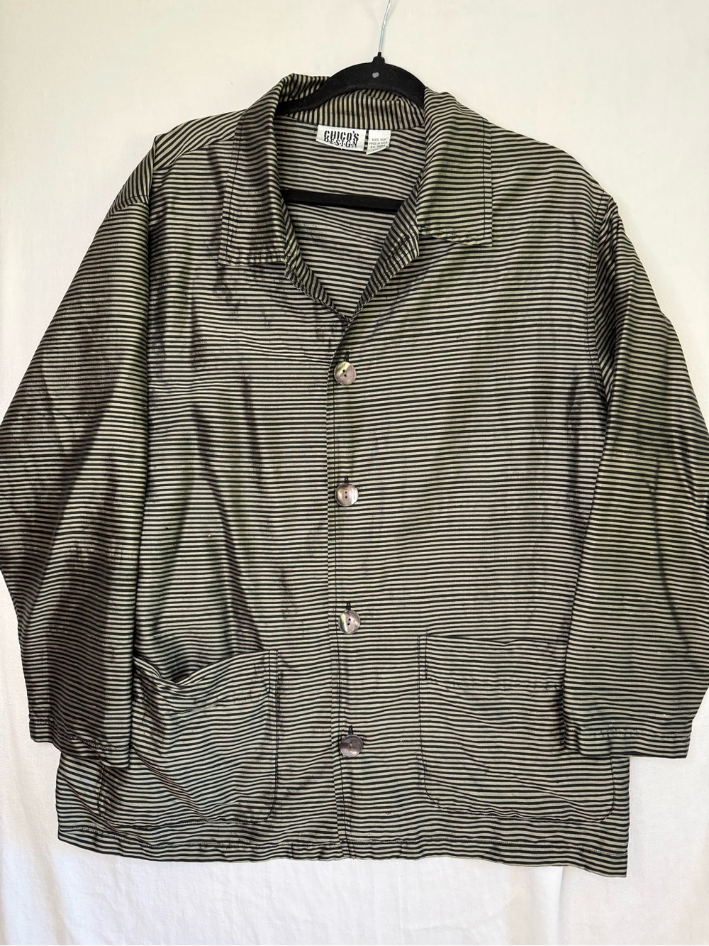 Vintage Chicos 100% Silk Striped olive green/black shiny metallic shirt size 2